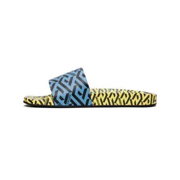 Versace Men's Blue and Yellow Slides Size 41