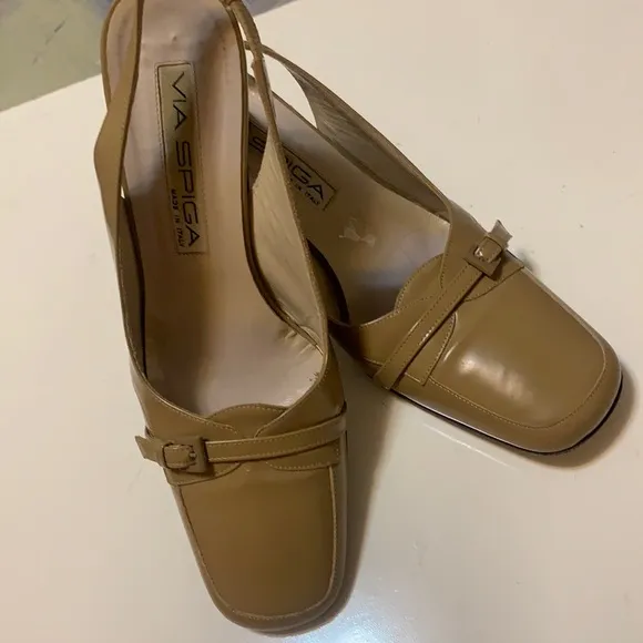 VIA SPIGA LEATHER HEELS 6.5M MADE IN ITALY SLING BACK TAN