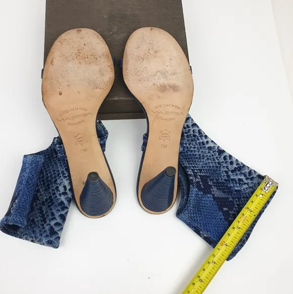Via Spiga Open Toe blue deninm Sock Bootie Sandal Snake Print high heels size 7