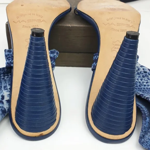 Via Spiga Open Toe blue deninm Sock Bootie Sandal Snake Print high heels size 7