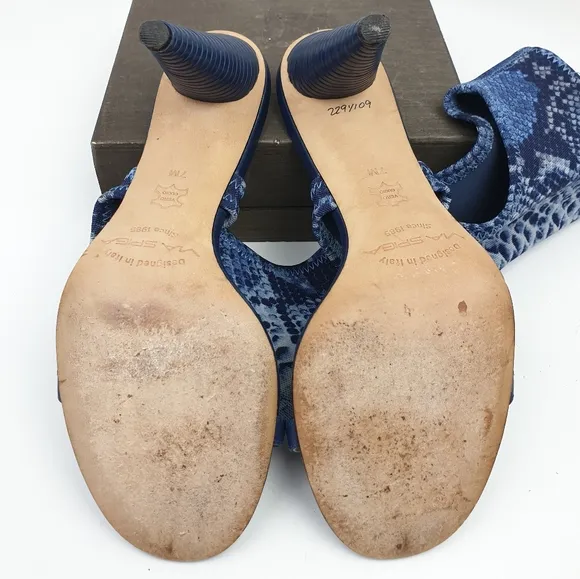 Via Spiga Open Toe blue deninm Sock Bootie Sandal Snake Print high heels size 7