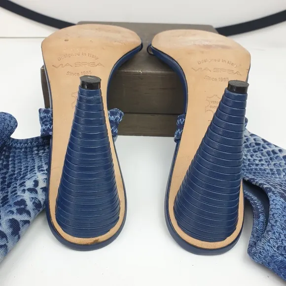 Via Spiga Open Toe blue deninm Sock Bootie Sandal Snake Print high heels size 7