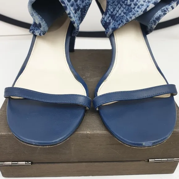 Via Spiga Open Toe blue deninm Sock Bootie Sandal Snake Print high heels size 7