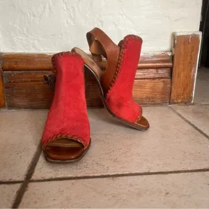 Vibrant Red Open-Toe Heels with Brown Accents