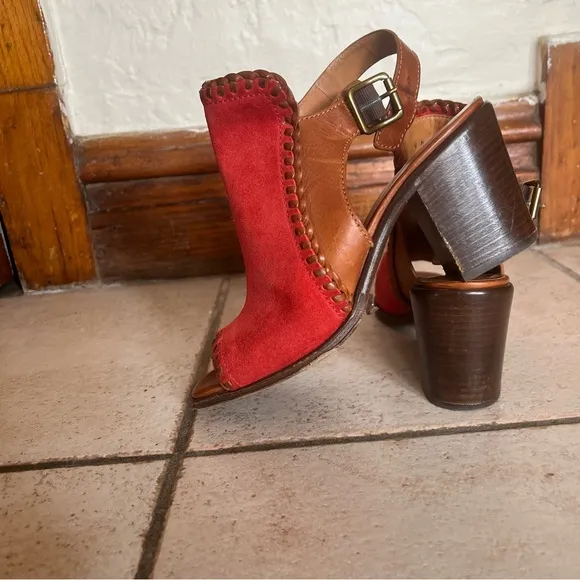 Vibrant Red Open-Toe Heels with Brown Accents
