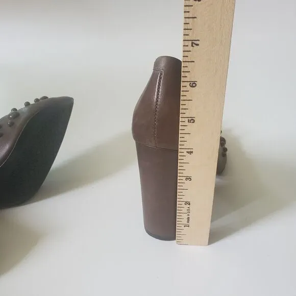 Vicenza Heels Brown Genuine Leather Block Heel Studded Point Toe Designer