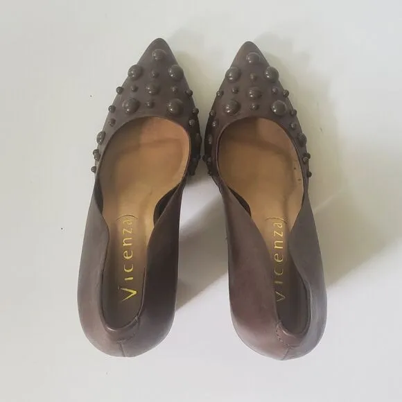 Vicenza Heels Brown Genuine Leather Block Heel Studded Point Toe Designer
