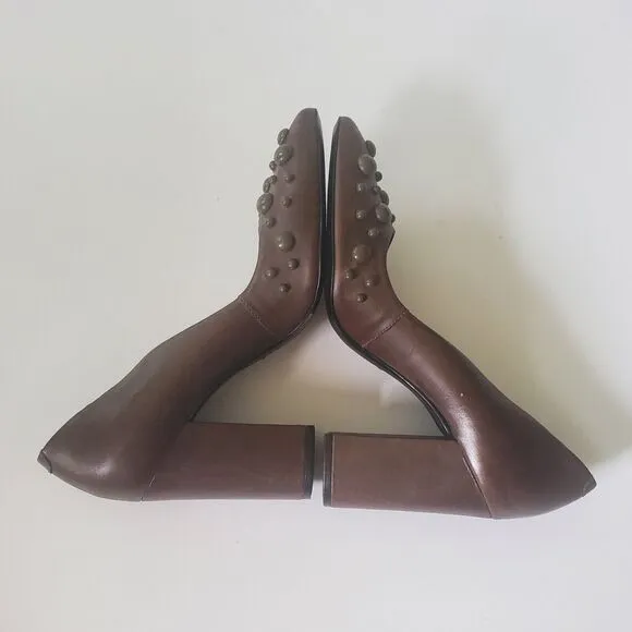 Vicenza Heels Brown Genuine Leather Block Heel Studded Point Toe Designer