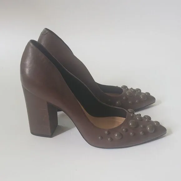 Vicenza Heels Brown Genuine Leather Block Heel Studded Point Toe Designer