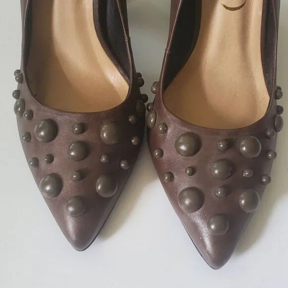 Vicenza Heels Brown Genuine Leather Block Heel Studded Point Toe Designer