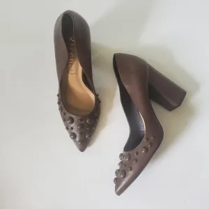 Vicenza Heels Brown Genuine Leather Block Heel Studded Point Toe Designer