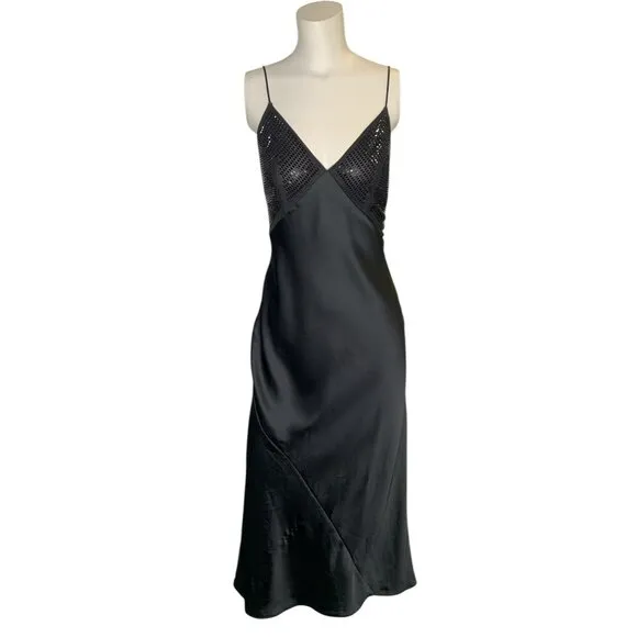 Victorias Secret Long Nightgown Black Slip Dress Sequin Bust Satin S/P NWT Lux