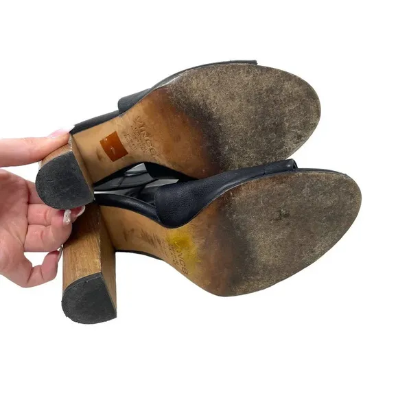 Vince Addie Cutout Black Leather Sandal Wood Heels Size US 8