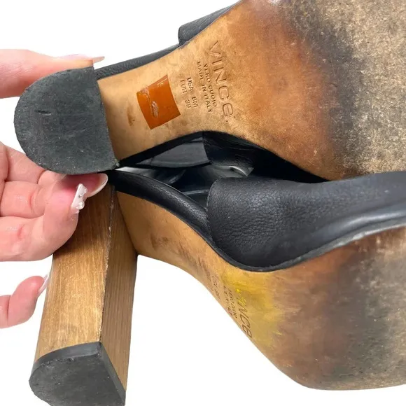 Vince Addie Cutout Black Leather Sandal Wood Heels Size US 8