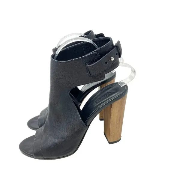 Vince Addie Cutout Black Leather Sandal Wood Heels Size US 8