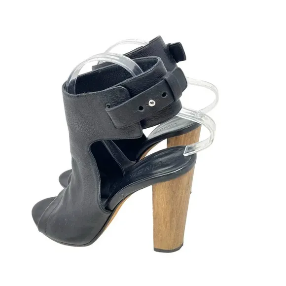Vince Addie Cutout Black Leather Sandal Wood Heels Size US 8