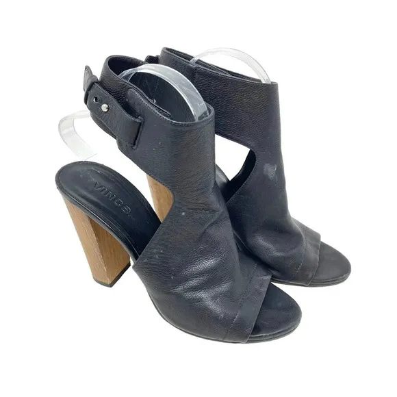 Vince Addie Cutout Black Leather Sandal Wood Heels Size US 8