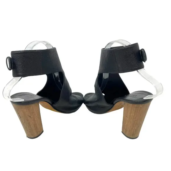 Vince Addie Cutout Black Leather Sandal Wood Heels Size US 8
