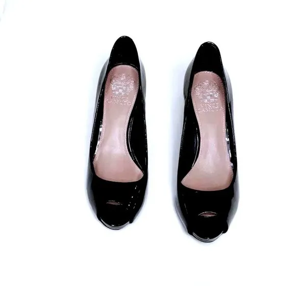 VINCE CAMUTO Black PATENT LEATHER Open Toe Heels Womens 6.5