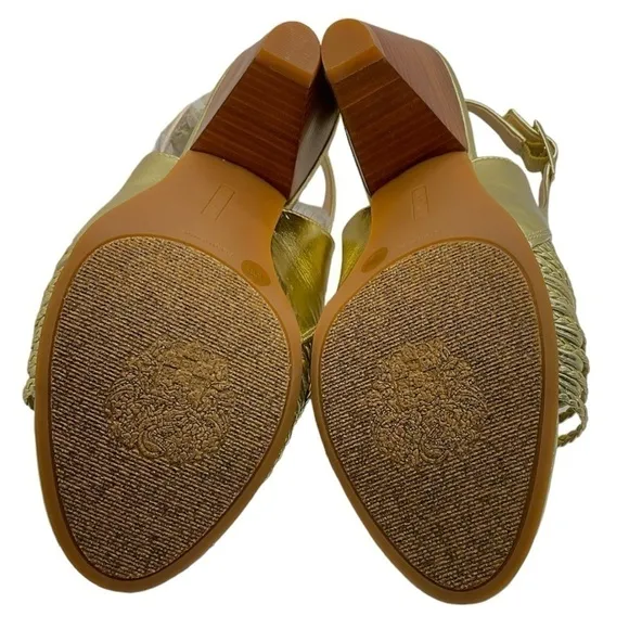 Vince Camuto Entik Gold Tan Leather Braided Open Toe Heels