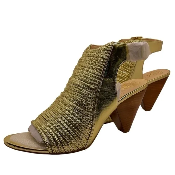 Vince Camuto Entik Gold Tan Leather Braided Open Toe Heels