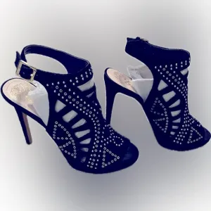 VINCE CAMUTO leather open toe black studded ajoure stiletto high heels s…