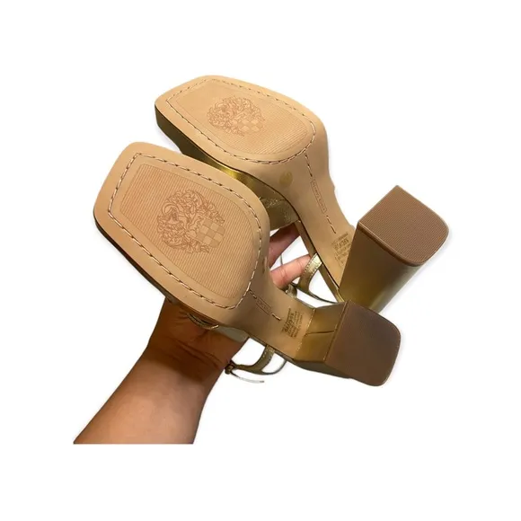 Vince Camuto Pepenna Leather Block Gold Heels
