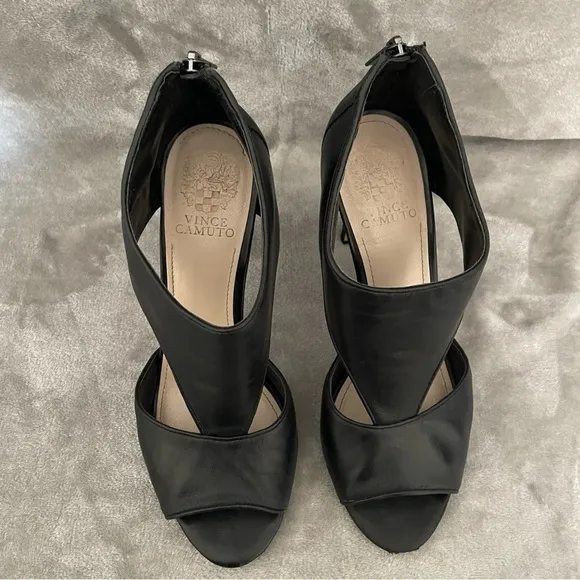 Vince Camuto Seena1 Black Nappa Open Toe Leather Bootie Heels Zip Back Size 9