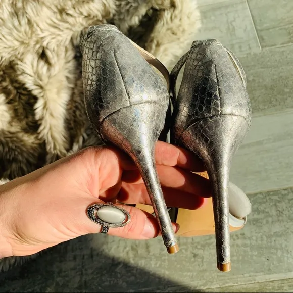 Vince Camuto Snake Skin Ankle Strap Open Toe Heels