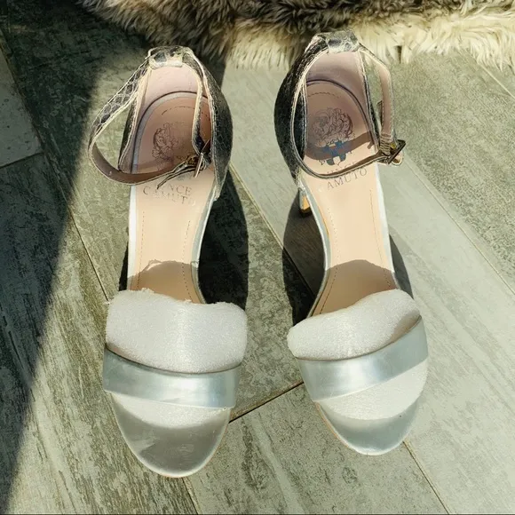 Vince Camuto Snake Skin Ankle Strap Open Toe Heels