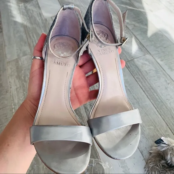 Vince Camuto Snake Skin Ankle Strap Open Toe Heels