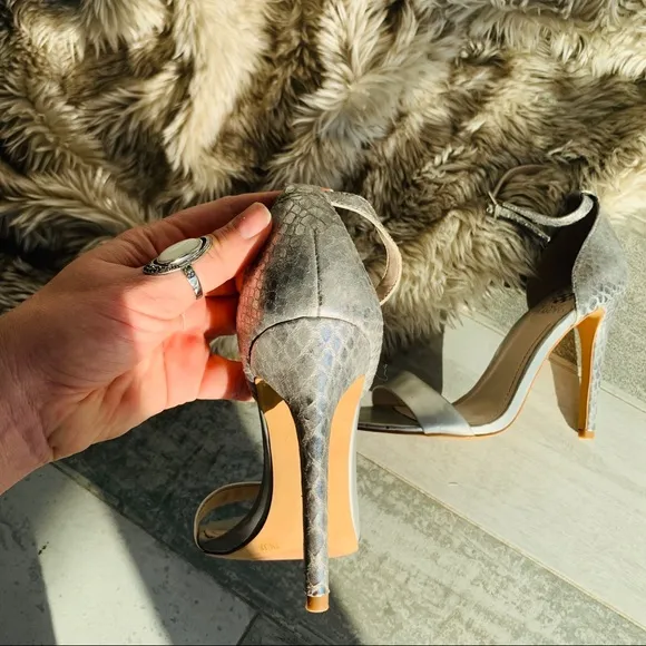 Vince Camuto Snake Skin Ankle Strap Open Toe Heels