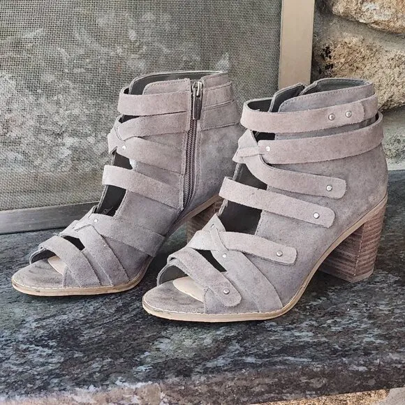 Vince Camuto Tanter Studded Taupe Suede Caged Block Heels Size 8.5M