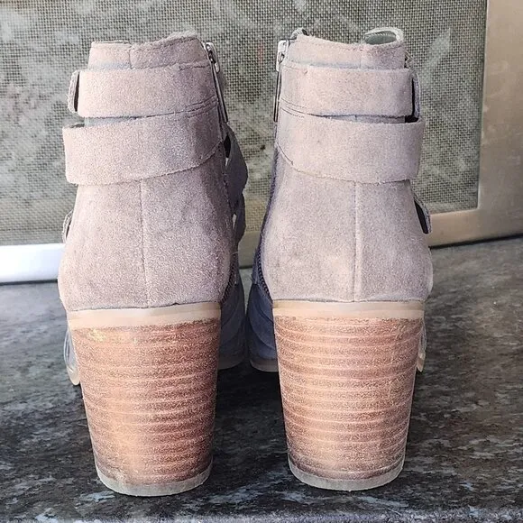 Vince Camuto Tanter Studded Taupe Suede Caged Block Heels Size 8.5M