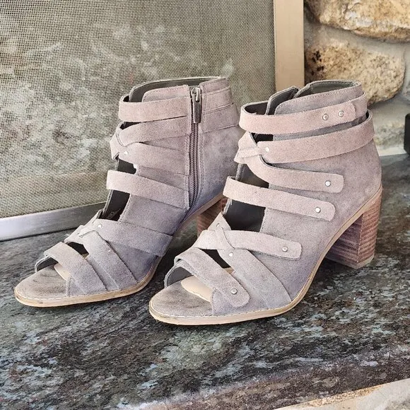 Vince Camuto Tanter Studded Taupe Suede Caged Block Heels Size 8.5M