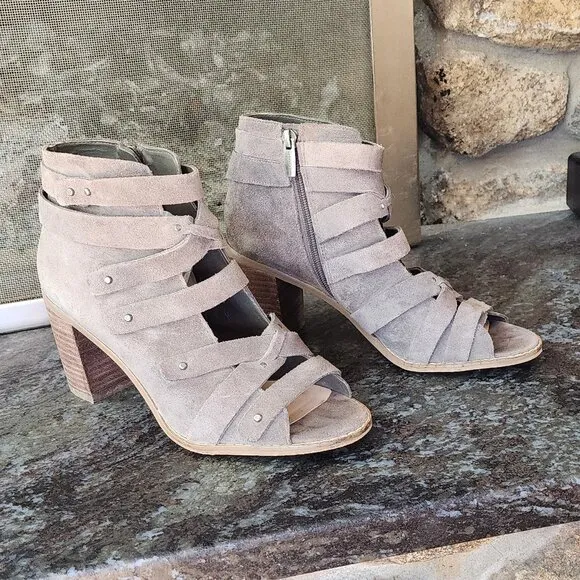 Vince Camuto Tanter Studded Taupe Suede Caged Block Heels Size 8.5M