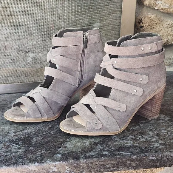 Vince Camuto Tanter Studded Taupe Suede Caged Block Heels Size 8.5M