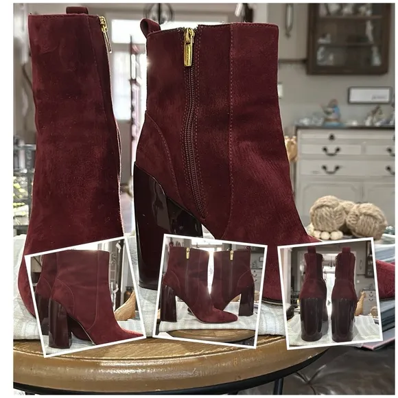Vince Camuto Women’s Enverna High Gloss Block Heel Bootie in Bordo Suede-Size 10