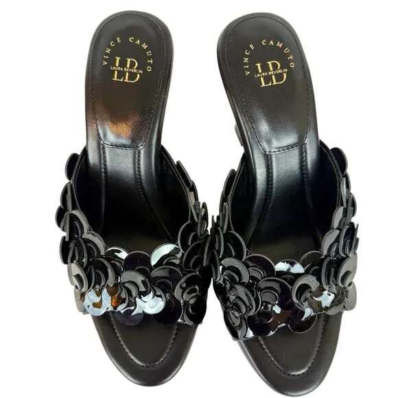 Vince Camuto X Laura Beverlin Size 9 Black Leather Rose Slide Open Toe Mule Heel