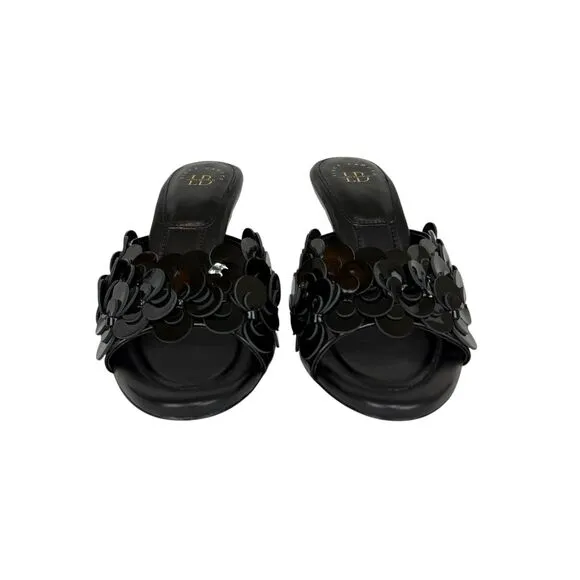 Vince Camuto X Laura Beverlin Size 9 Black Leather Rose Slide Open Toe Mule Heel