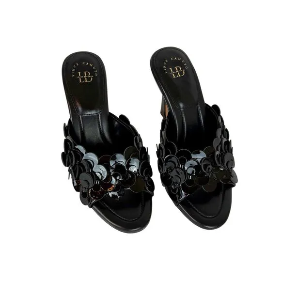Vince Camuto X Laura Beverlin Size 9 Black Leather Rose Slide Open Toe Mule Heel