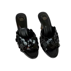 Vince Camuto X Laura Beverlin Size 9 Black Leather Rose Slide Open Toe Mule Heel