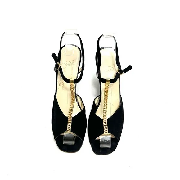 Vintage 1970s black suede gold chain t-strap cutout wedge disco heels