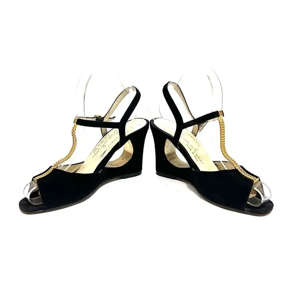 Vintage 1970s black suede gold chain t-strap cutout wedge disco heels