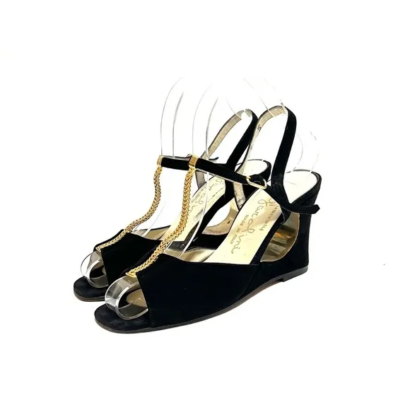 Vintage 1970s black suede gold chain t-strap cutout wedge disco heels