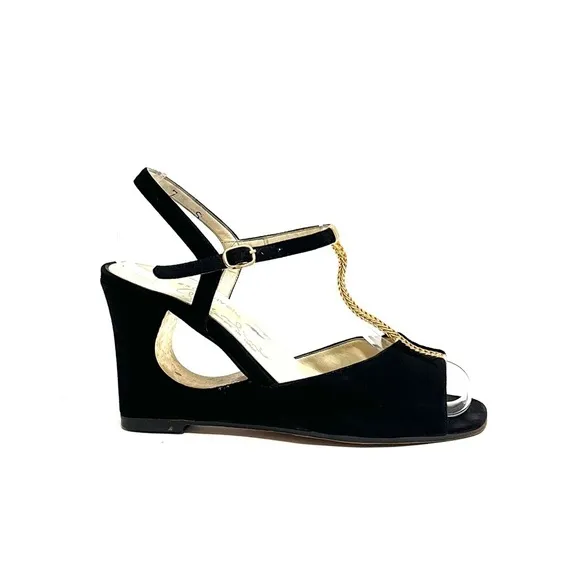 Vintage 1970s black suede gold chain t-strap cutout wedge disco heels