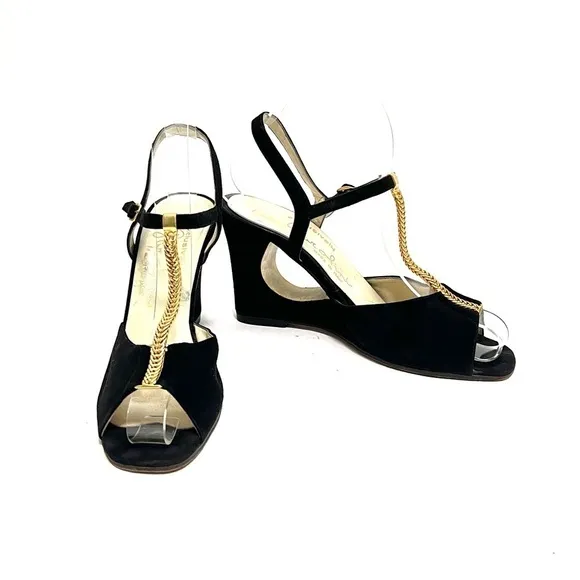 Vintage 1970s black suede gold chain t-strap cutout wedge disco heels
