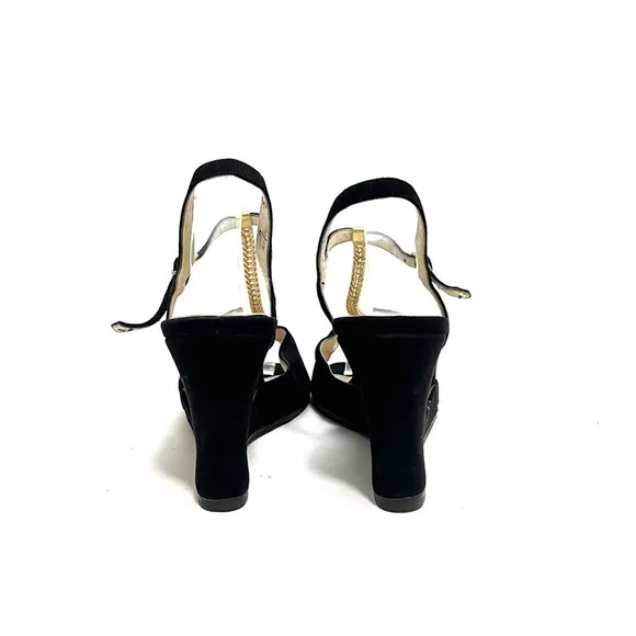 Vintage 1970s black suede gold chain t-strap cutout wedge disco heels