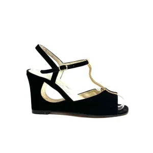Vintage 1970s black suede gold chain t-strap cutout wedge disco heels