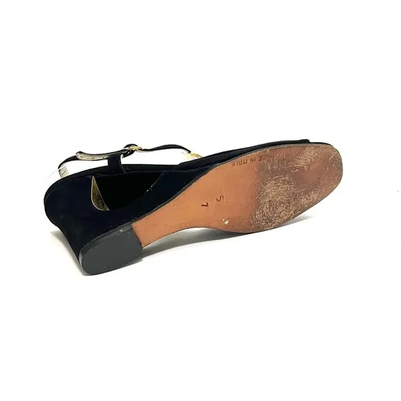 Vintage 1970s black suede gold chain t-strap cutout wedge disco heels